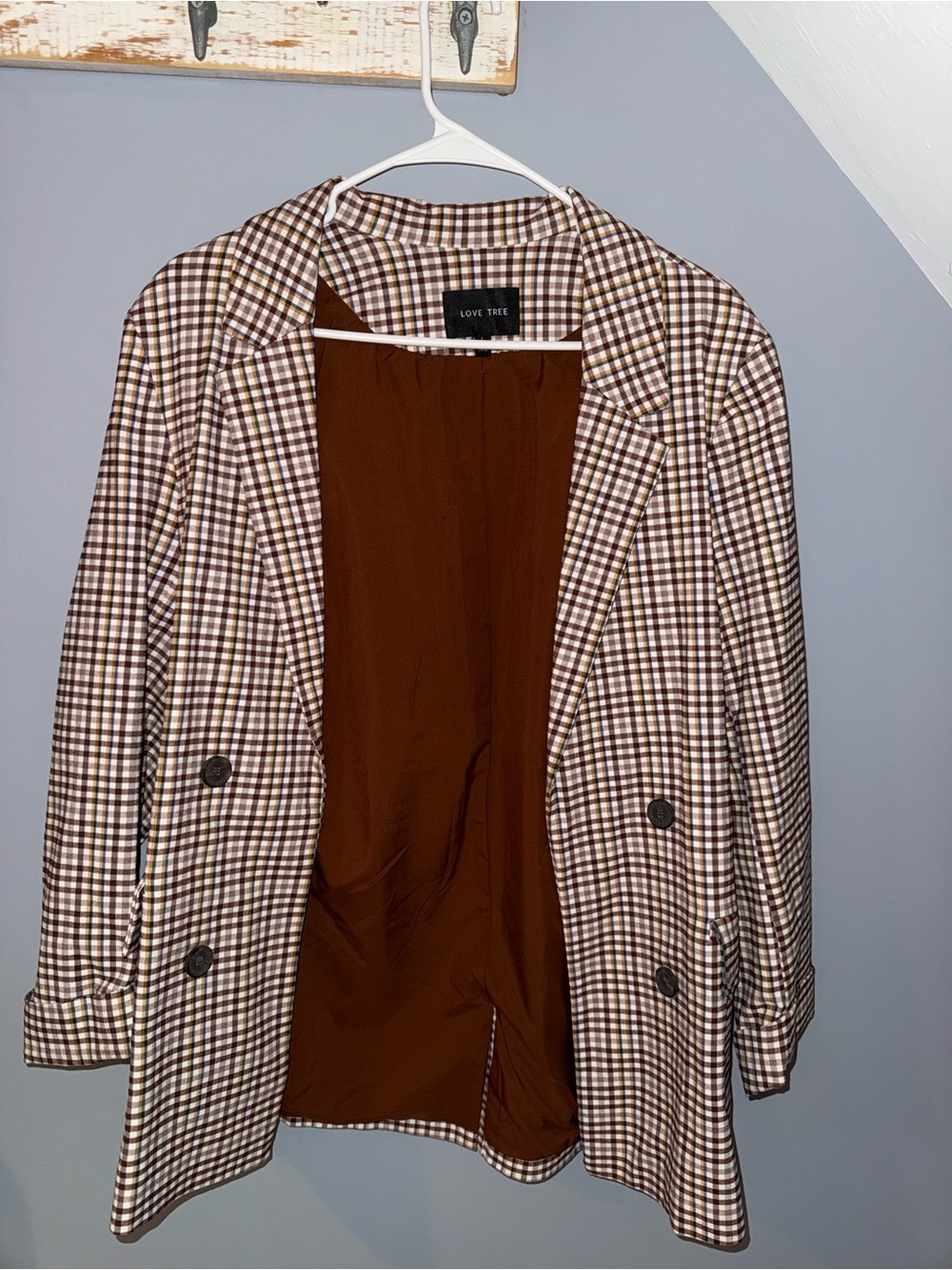 Love Tree Brown and Cream Plaid Double-Breasted Blazer